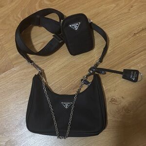 Prada Black Nylon Shoulder Bag with Chain and Pouch
